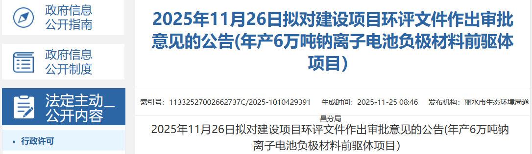 3億元!浙江麗水年產6萬噸鈉電池負極材料前驅體項目公示 3億元!浙江麗水年產6萬噸鈉電池負極材料前驅體項目公示