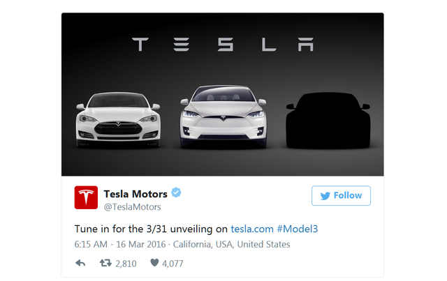 特斯拉3月31日發(fā)布廉價(jià)電動(dòng)車Model 3 賣22.8萬 特斯拉3月31日發(fā)布廉價(jià)電動(dòng)車Model 3 賣22.8萬