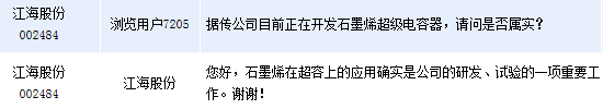江海股份：稱石墨烯超級電容器方面應用是研發重點