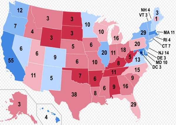 美國汽車制造業(yè)分布（籃色愈深表示汽車業(yè)勞動力占比愈高）與特朗普選民分布（紅色越深，支持比例越高）比較圖