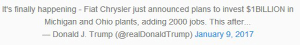 特朗普為克萊斯勒投資10億美元消息發(fā)推特