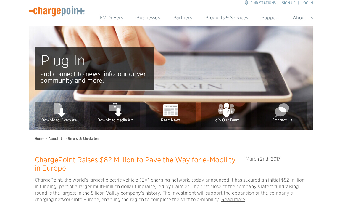 充電樁制造商ChargePoint獲8200萬美元融資 戴姆勒領投