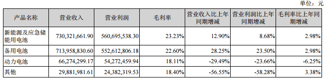 圣陽股份占公司主營業務收入或主營業務利潤 10%以上的產品情況