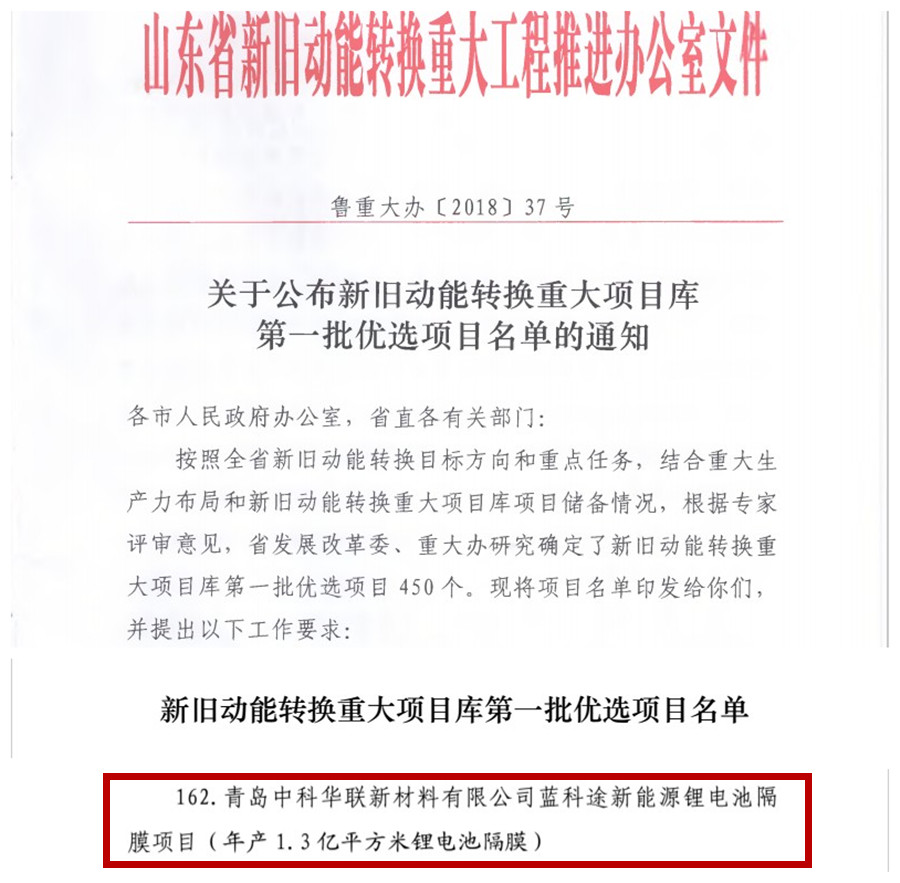 藍科途新能源鋰電池隔膜項目納入山東省新舊動能轉換重大項目庫 藍科途新能源鋰電池隔膜項目納入山東省新舊動能轉換重大項目庫