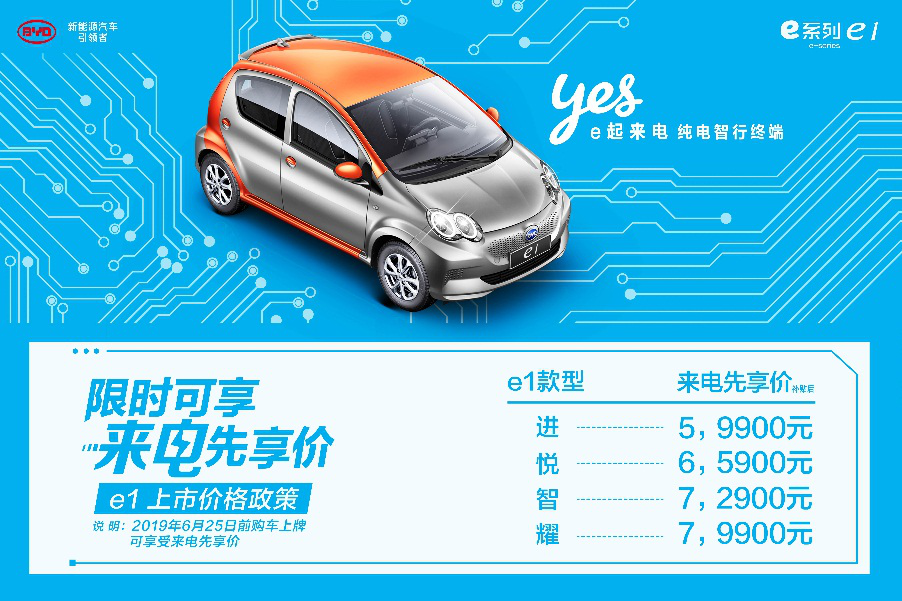 來電先享價(jià)5.99萬起 比亞迪e系列純電動e1低碳上市