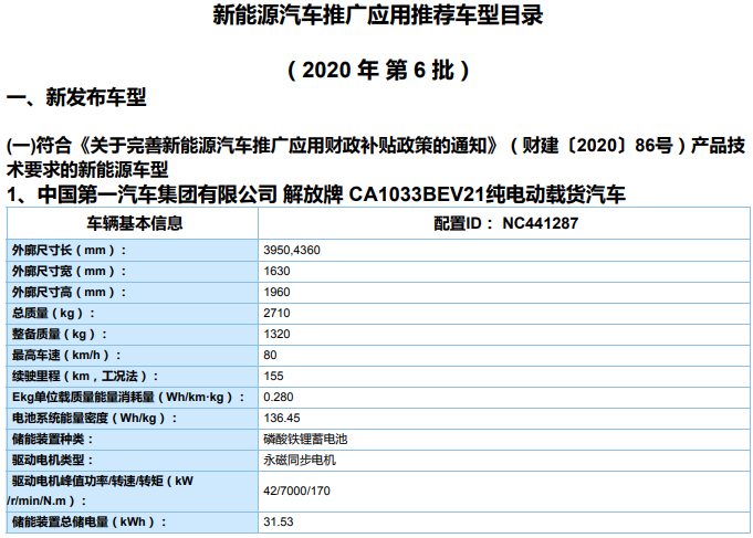 《新能源汽車推廣應用推薦車型目錄（2020年第6批）》