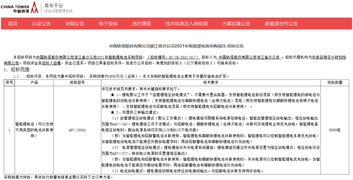 中國鐵塔浙江省分公司2021年智能鋰電池采購項目 中國鐵塔浙江省分公司2021年智能鋰電池采購項目
