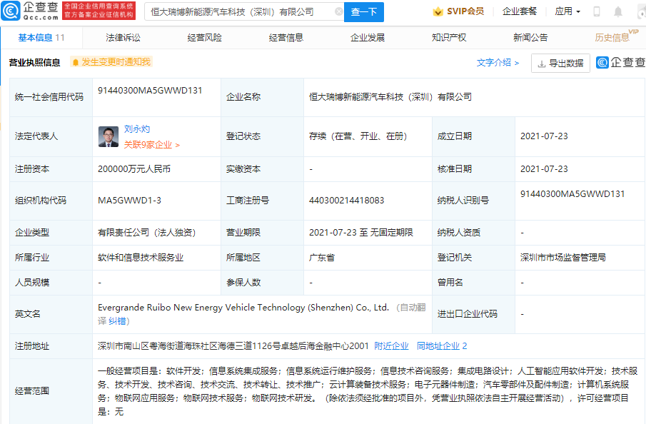 恒大瑞博新能源汽車公司成立 注冊資本20億