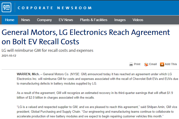 雪佛蘭Bolt電動(dòng)汽車召回 LG同意向通用賠付最高19億美元