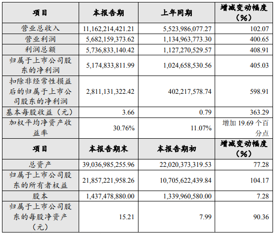 贛鋒鋰業2021年年度主要財務數據和指標（單位：元）