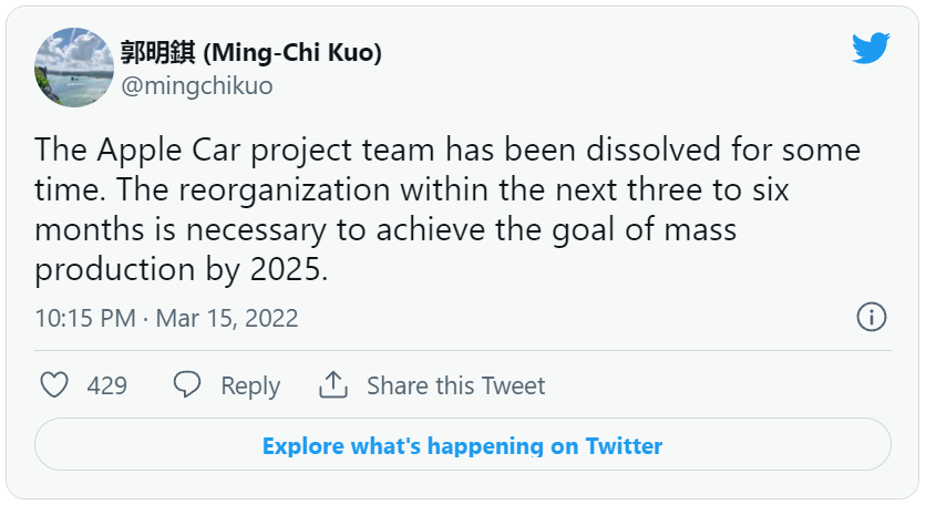 傳蘋果汽車團隊已解散，2025年新車亮相成疑？