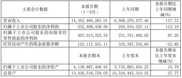 廈鎢新能2022年上半年主要會計數據 單位：元