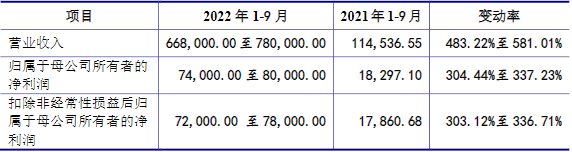 萬潤新能2022年1-9月主要財務數據（單位：萬元）