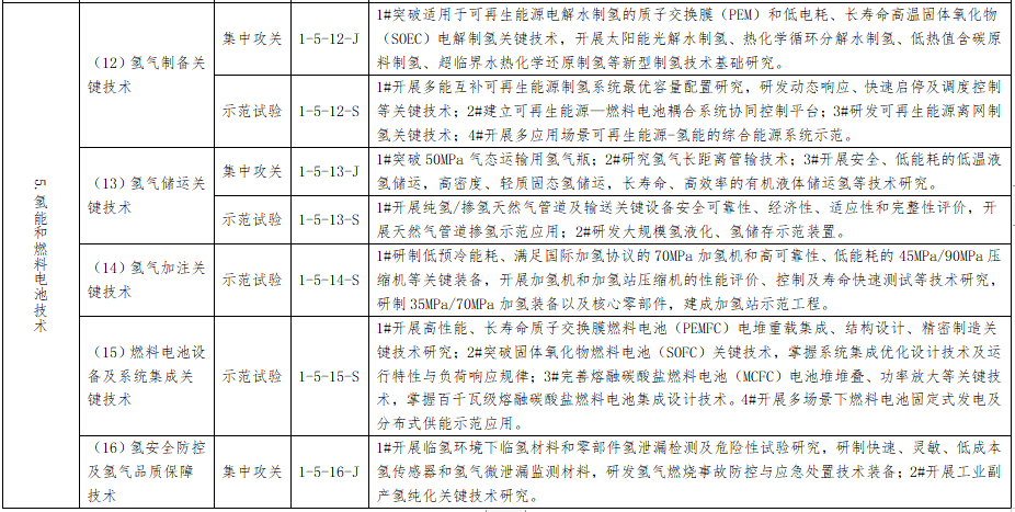  氫能和燃料電池技術(shù)子任務(wù)清單
