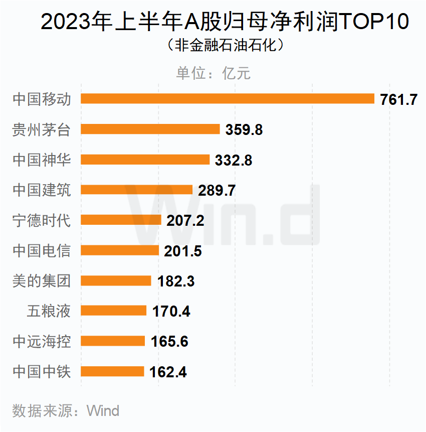 2023年上半年A股歸母凈利潤TOP10（非金融石油石化）企業