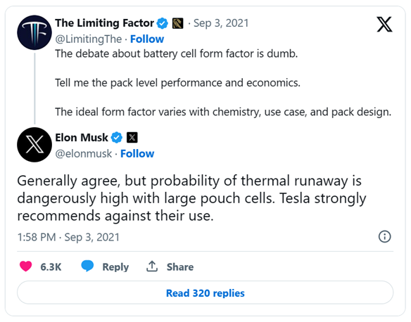 馬斯克在推特“商戰(zhàn)”以熱失控問(wèn)題為由堅(jiān)決抨擊應(yīng)用大軟包單體電芯 馬斯克在推特“商戰(zhàn)”以熱失控問(wèn)題為由堅(jiān)決抨擊應(yīng)用大軟包單體電芯