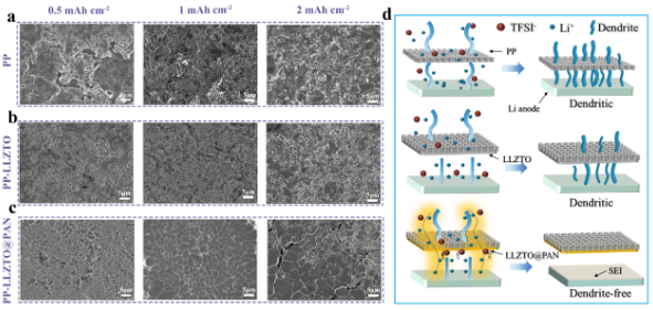 循環后負極形貌對比及調控鋰沉積示意圖