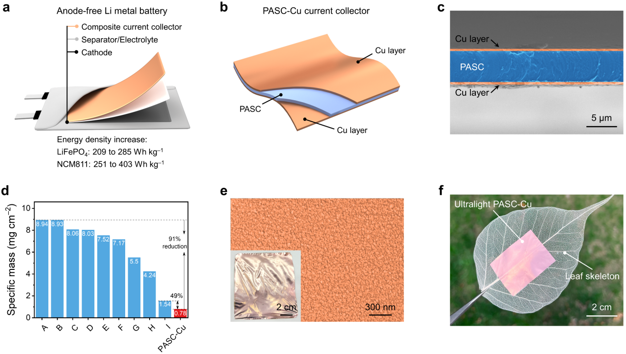 圖1. 超輕復(fù)合集流體實現(xiàn)高比能無負極鋰金屬電池