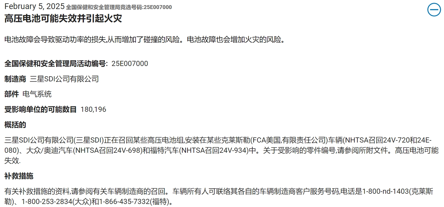 超18萬輛汽車召回！三星SDI電池存在起火風險