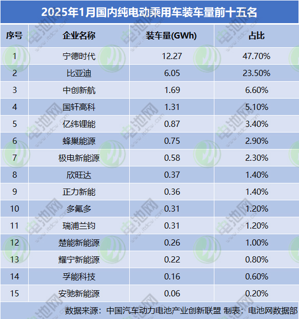 2025年1月國內純電動乘用車裝車量前十五名 2025年1月國內純電動乘用車裝車量前十五名